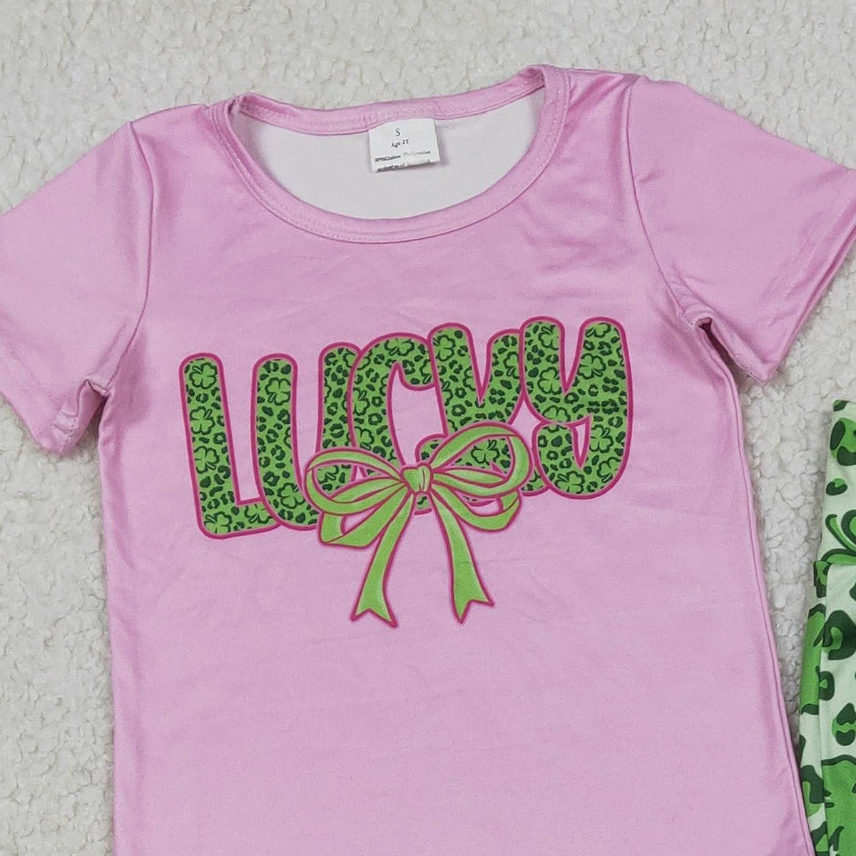 2.3 RTS NO MOQ （In stock）GSPO2104 Baby Girls Clover Bow Lucky Top Bell Bottom Pants St Patrick Clothes Sets