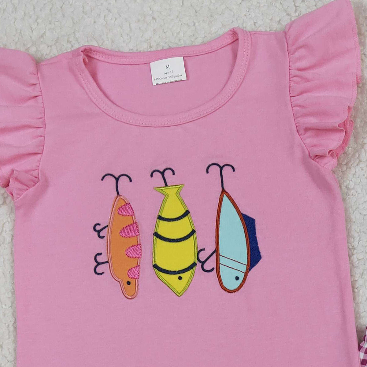 12.23 RTS NO MOQ （In stock）GSSO2795 Embroidery Fishing Baby Girls Shirt Checked Ruffle Shorts Hunting Clothes Sets