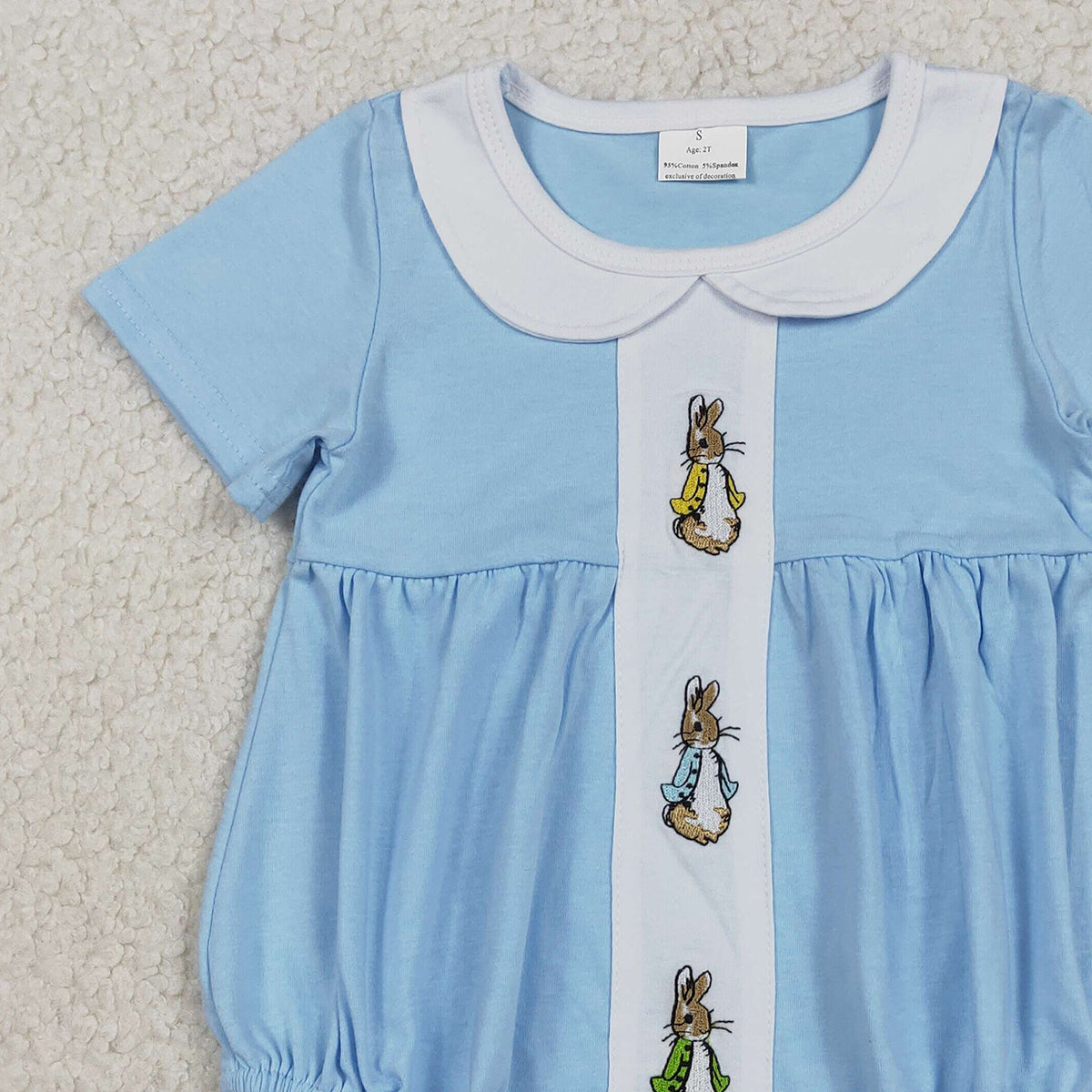 1.9 RTS NO MOQ （In stock）SR3383 Embroidery Rabbits Baby Boys Short Sleeve Easter Collar Rompers