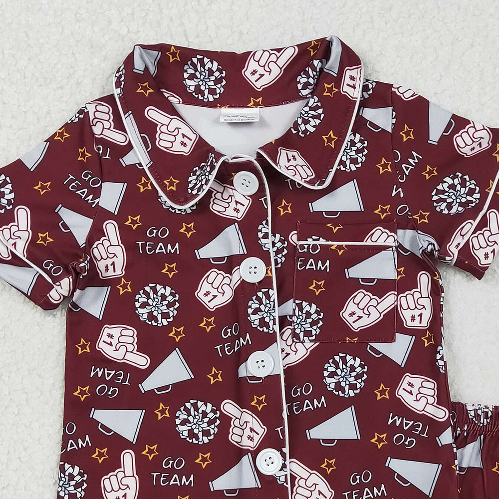 RTS NO MOQ （In stock）GSSO2678 Baby Girls Summer Pajamas Outfits Dark Red Short Sleeve Button Top Pajamas Set Cheer Team Outfit Comfortable Sleepwear for Infants