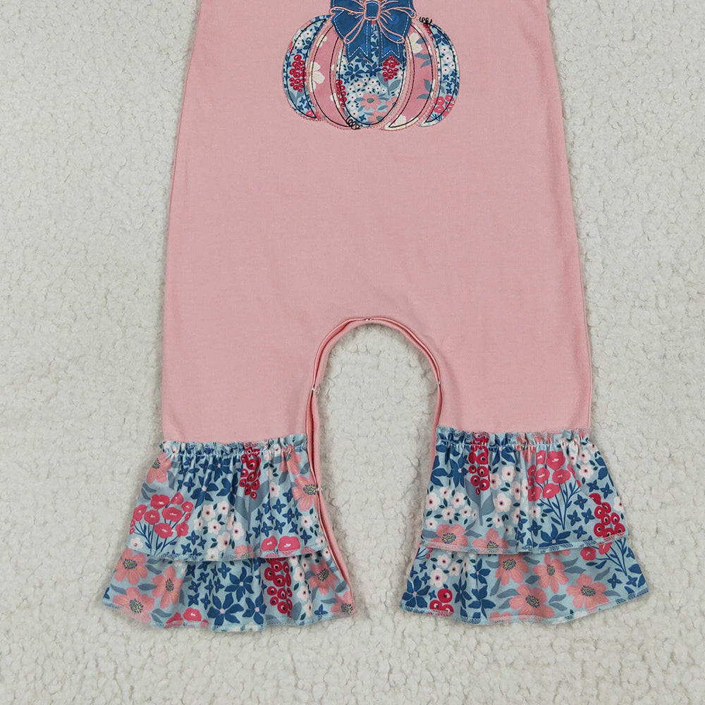 8.15 RTS NO MOQ （In stock） SR3112 Baby Girls Summer Rompers Embroidery Baby Girls Pink Short Ruffle Sleeves Floral Pumpkins Rompers