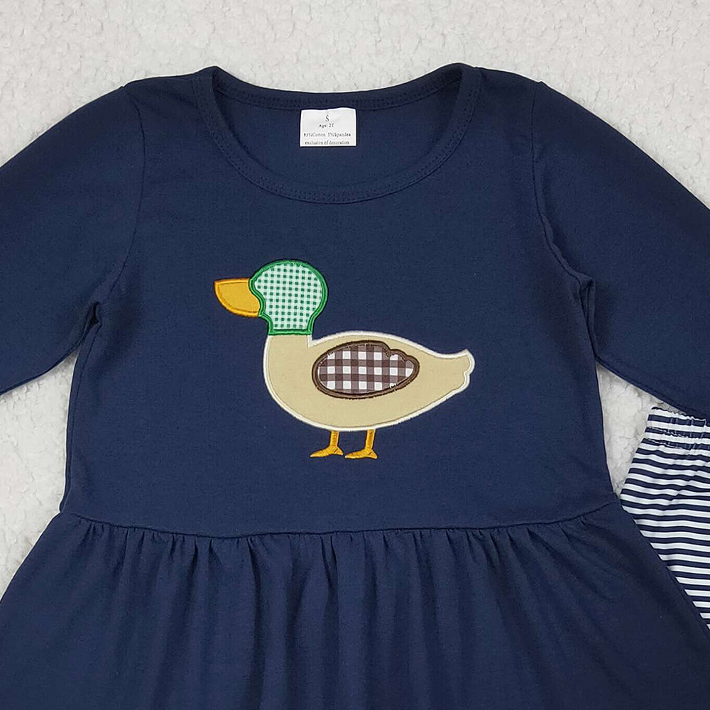 RTS NO MOQ （In stock）GLP2595 Baby Girls Winter Outfits Girls Navy Duck Long Sleeve Top with Stripe Leggings – Outfits for Ages Comfortable Clothing Set