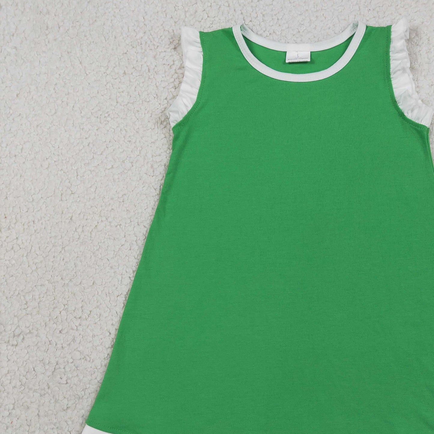 GSD4055 RTS NO MOQ （In stock）White scallop ruffle sleeveless green girls cotton dress