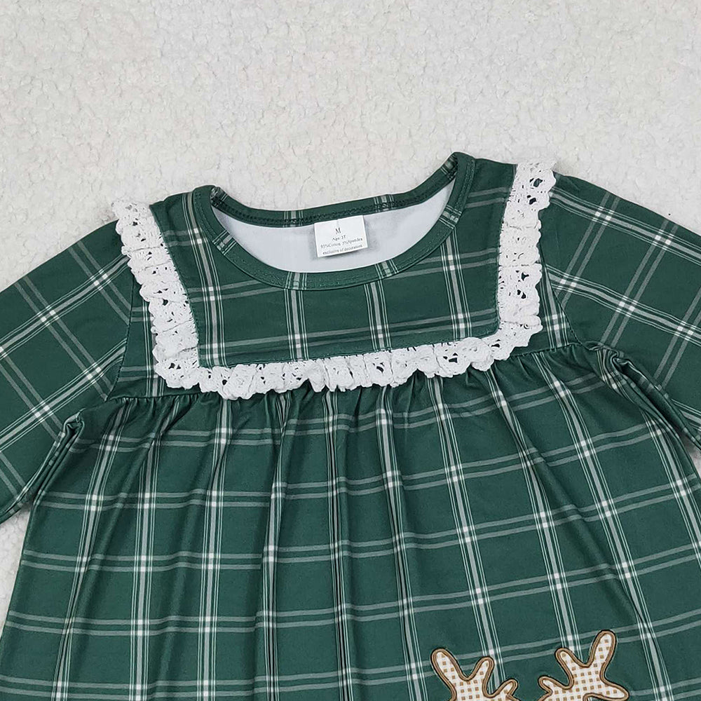 9.27 RTS NO MOQ （In stock）GLD0561 Baby Girls Winter Dress Embroidery Deer Baby Girls Green Checkered Christmas Knee Length Dresses