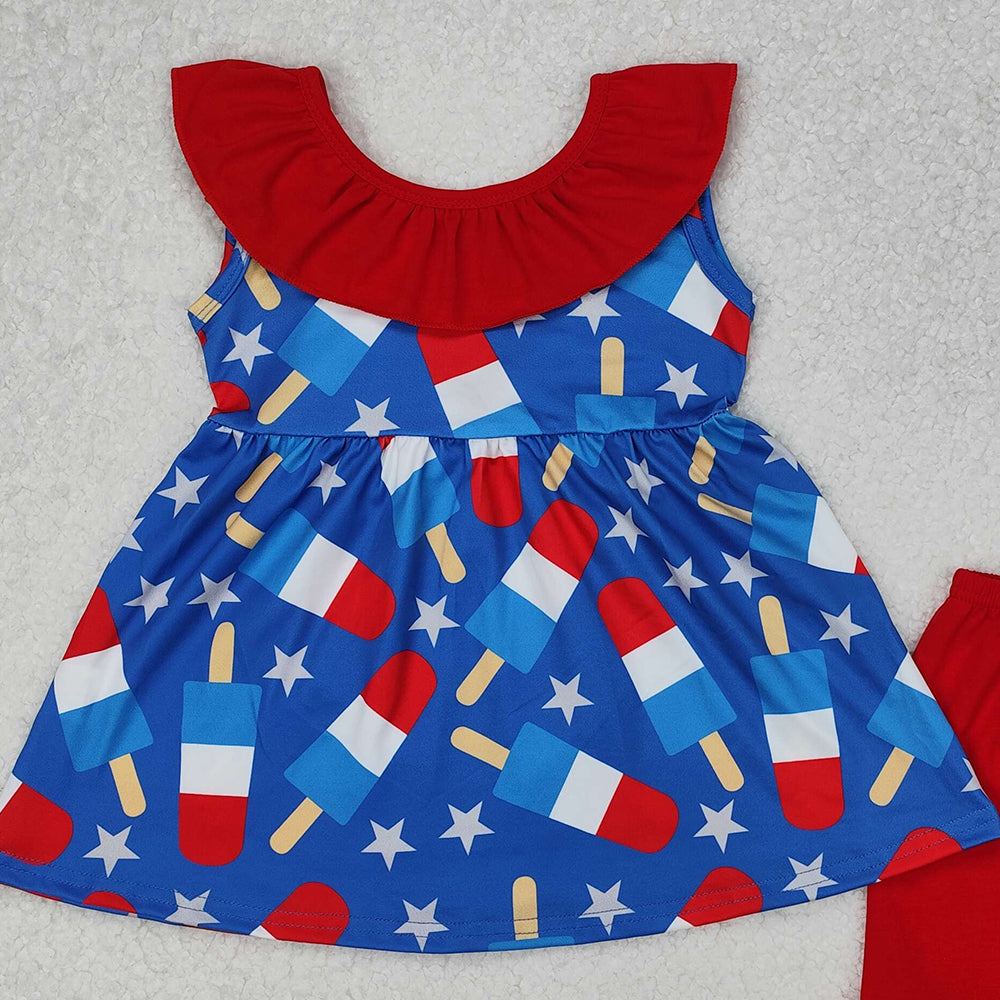 GSSO1765Girls Blue Stars Popsicle Ruffle Tunic Shorts Outfit 4th of July Patriotic Clothing Set for Kids