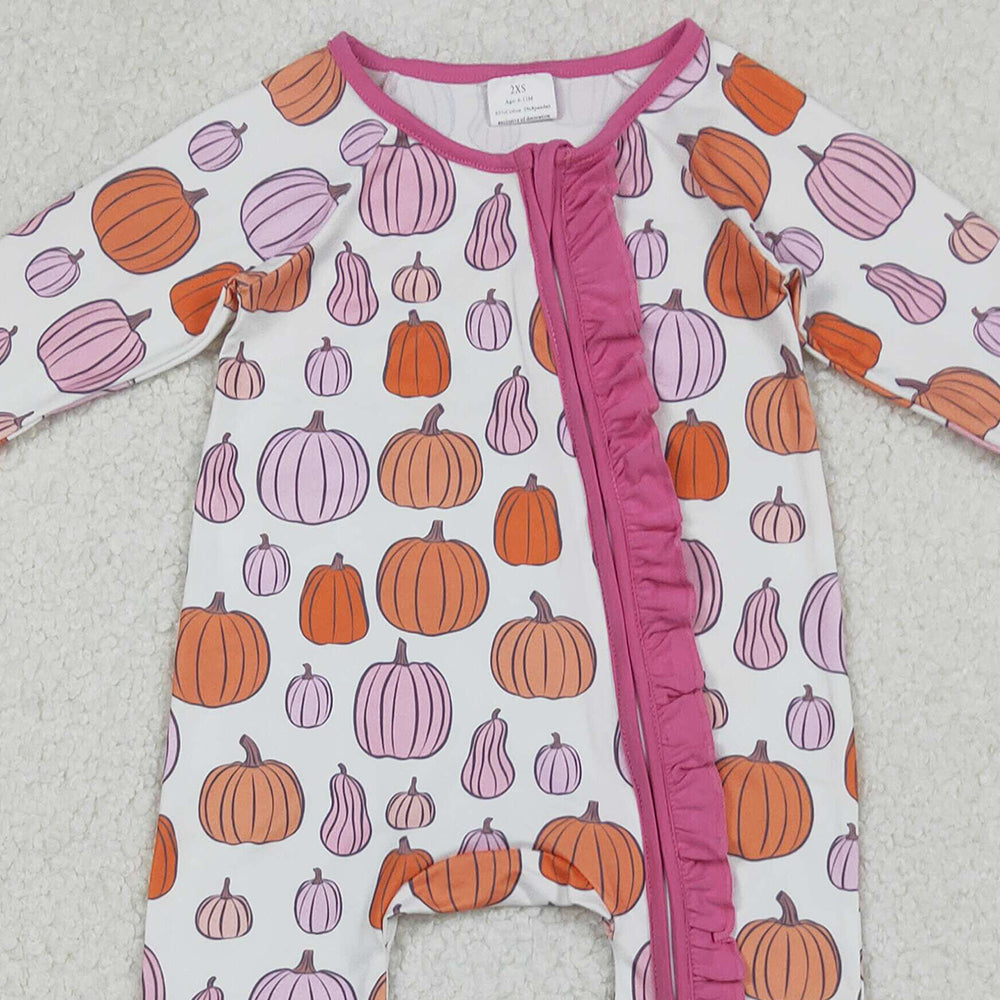 RTS NO MOQ （In stock） LR2566 Baby Girls Winter Rompers Colorful Pumpkins Fall Ruffle Zipper Footie Rompers