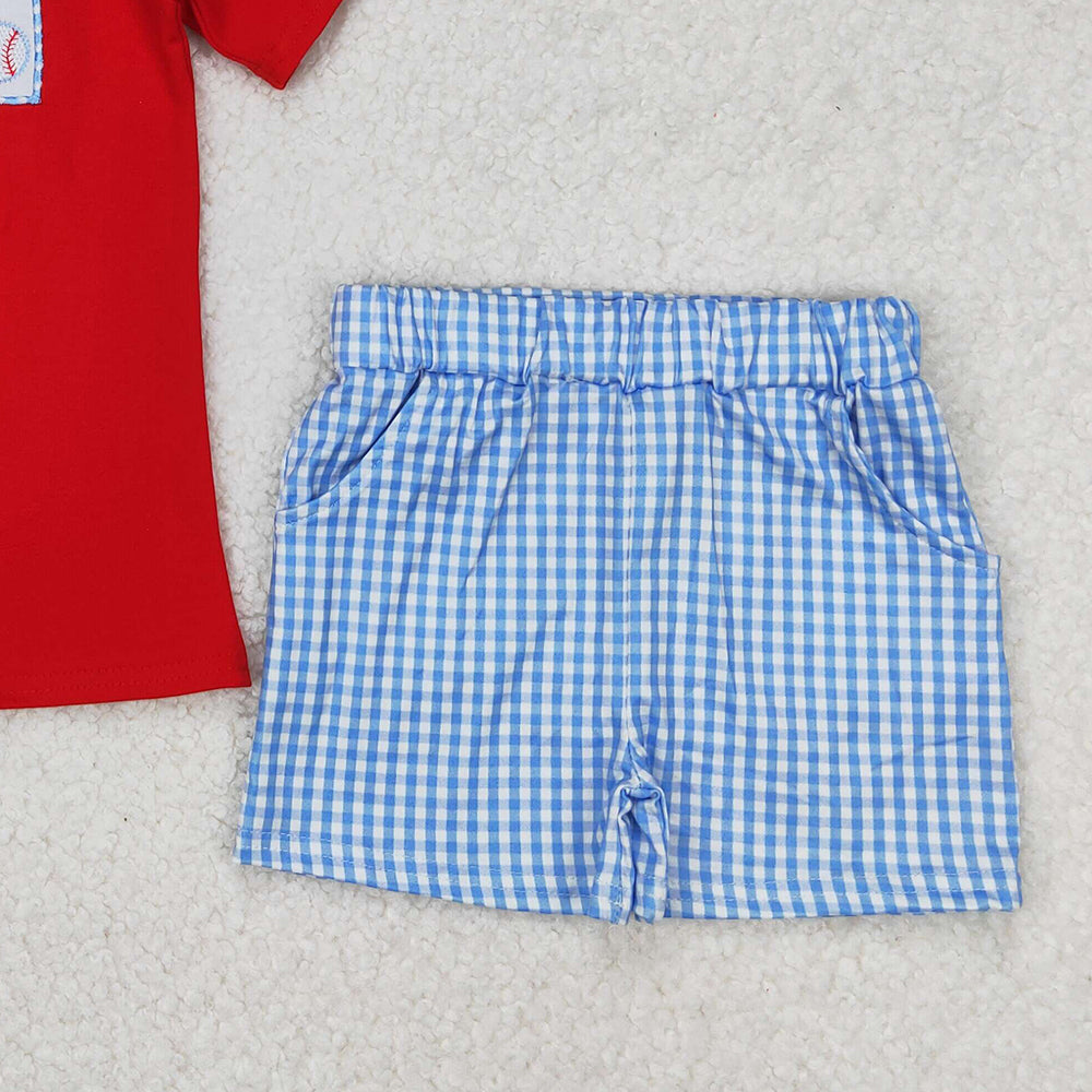 5.16  BSSO1283 RTS NO MOQ Red baseball top plaid shorts boys summer outfits