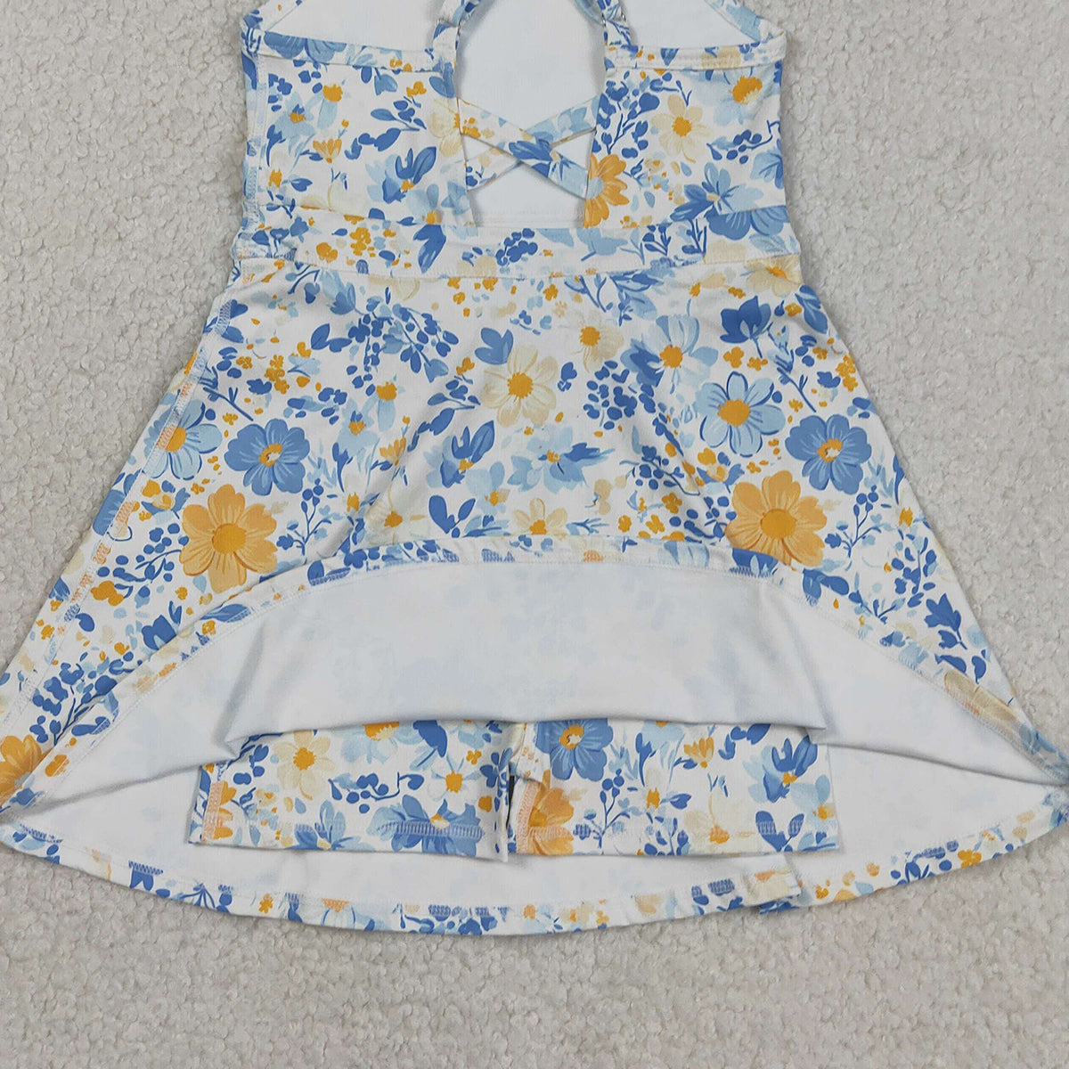 3.12 RTS NO MOQ （In stock）GSD3565 Kids Fashion Clothes Baby Girls Strap Colorful Flowers Yoga Active Shorts Ruffle Knee Length Dress