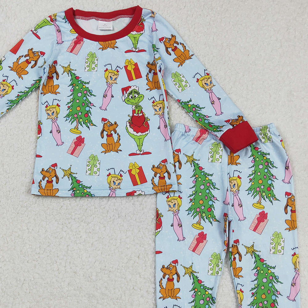 RTS NO MOQ （In stock）BLP1189 Baby Boys Winter Outfits Green Face Christmas Tree Long Sleeve Baby Kids Pajamas