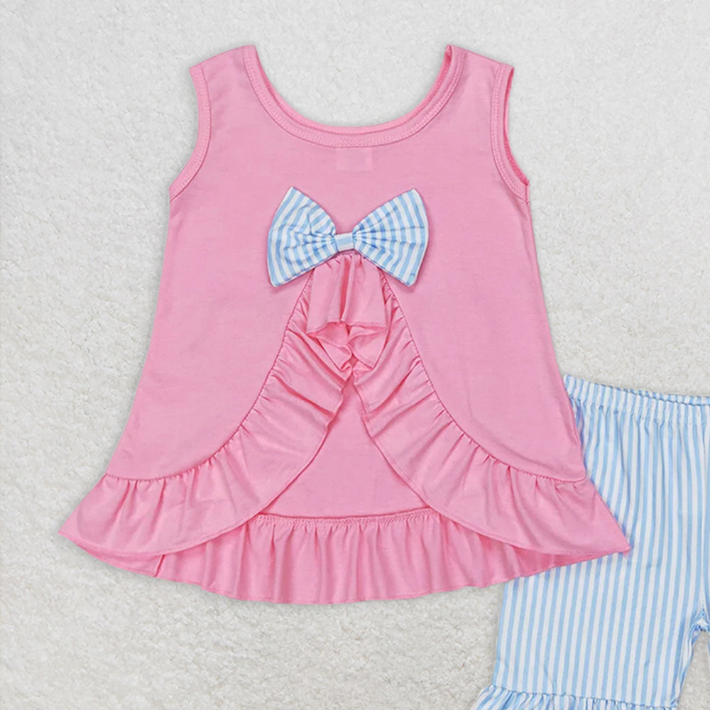 GSSO0438RTS NO MOQ Baby Girls Summer Outfits Pink cotton tunic ruffle shorts girls summer clothes