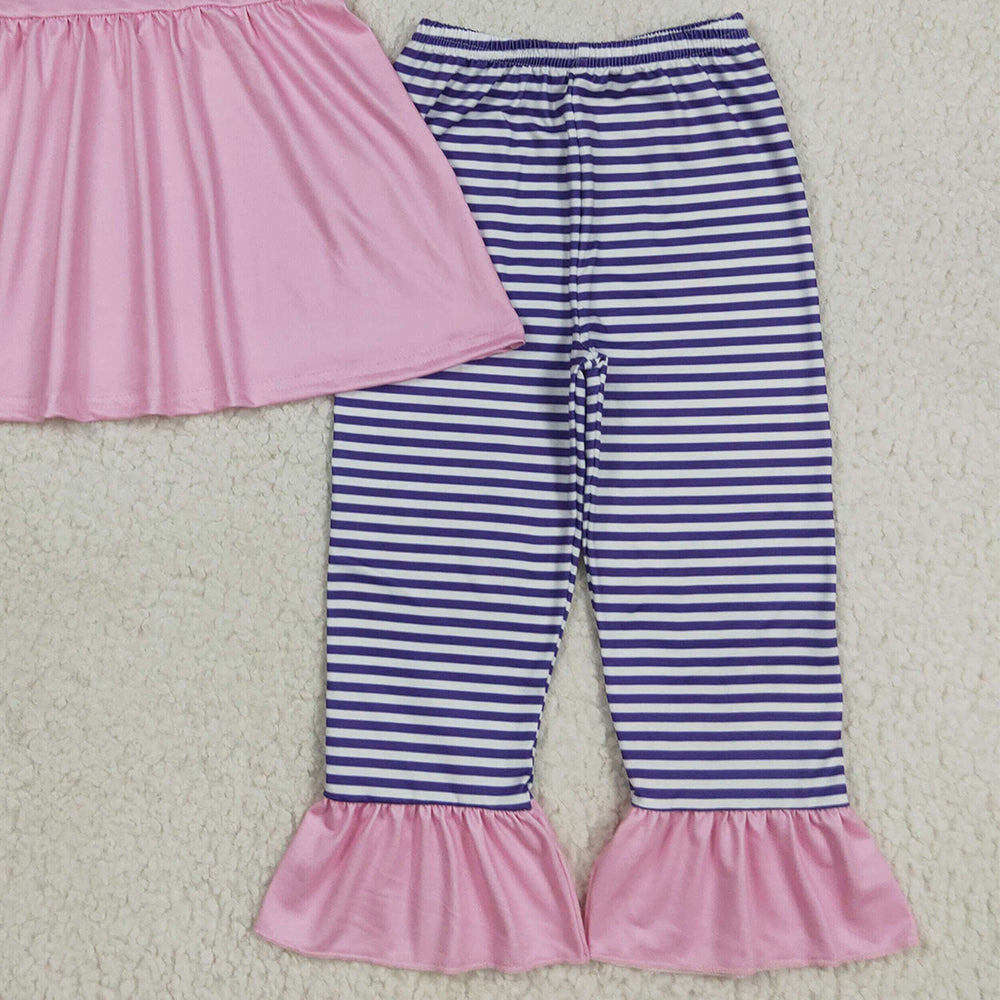 RTS NO MOQ （In stock）GSPO2043 Baby Girl Autumn Outfits Baby Girls Pink Halloween Princess Hair Tunic Stripe Ruffle Pants Sets