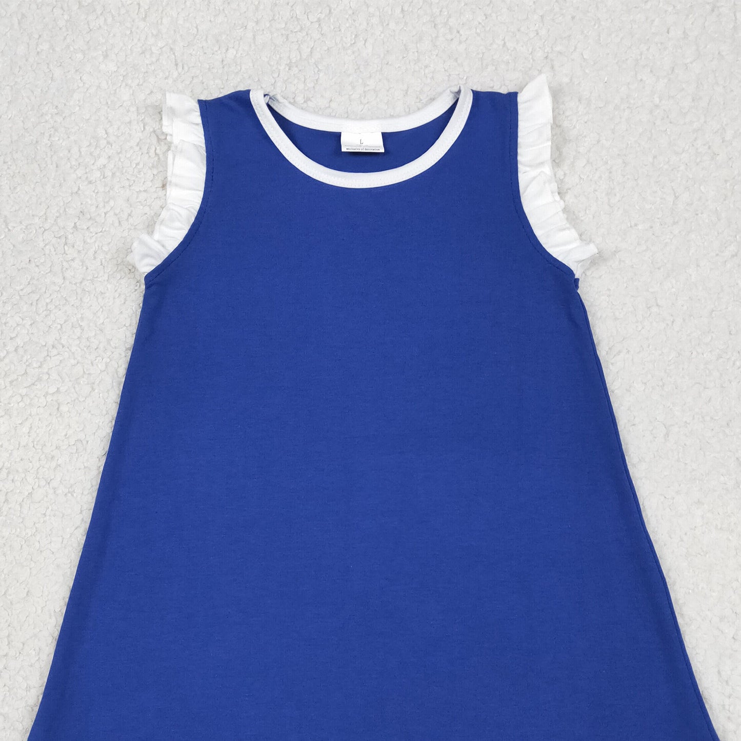 GSD4053 RTS NO MOQ （In stock）White scallop ruffle sleeveless blue girls cotton team dress
