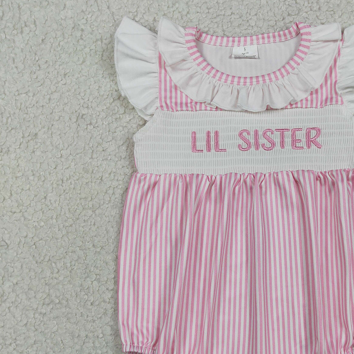 SR3593 RTS NO MOQ （In stock）Flutter sleeves LIL SISTER smocked stripe baby romper