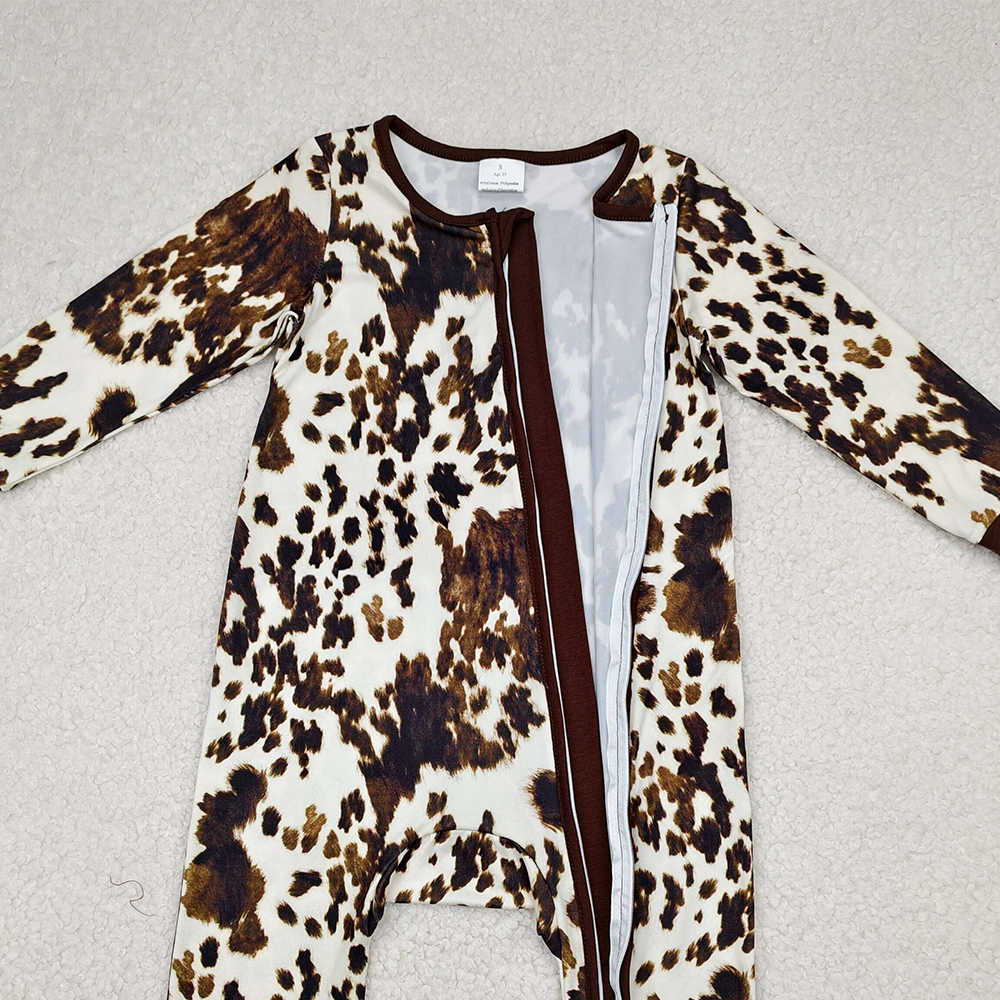 7.22  LR2189 RTS NO MOQ Baby Boys Winter Rompers Cute Baby Cow Print Long Sleeve Zipper Romper