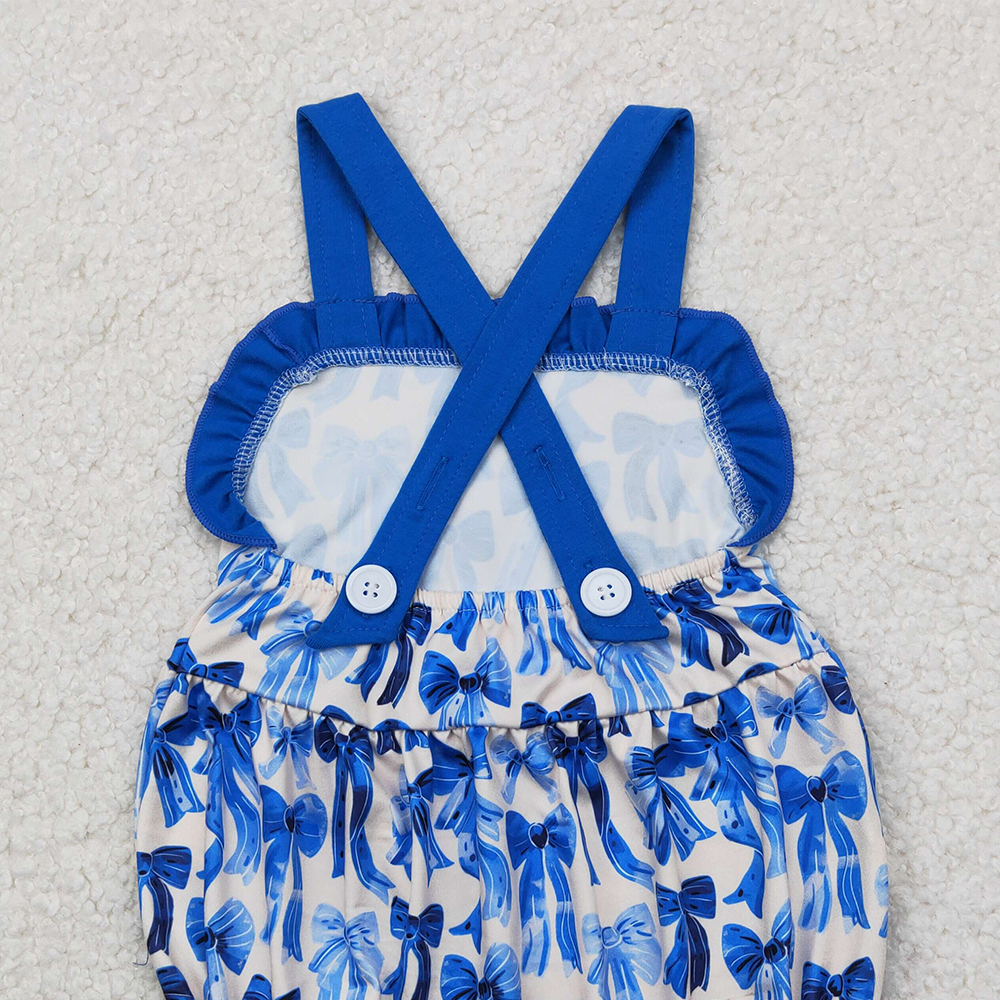 4.14 SR2919 RTS NO MOQ Baby Girls Summer Rompers Blue ruffle straps bows baby girls summer romper
