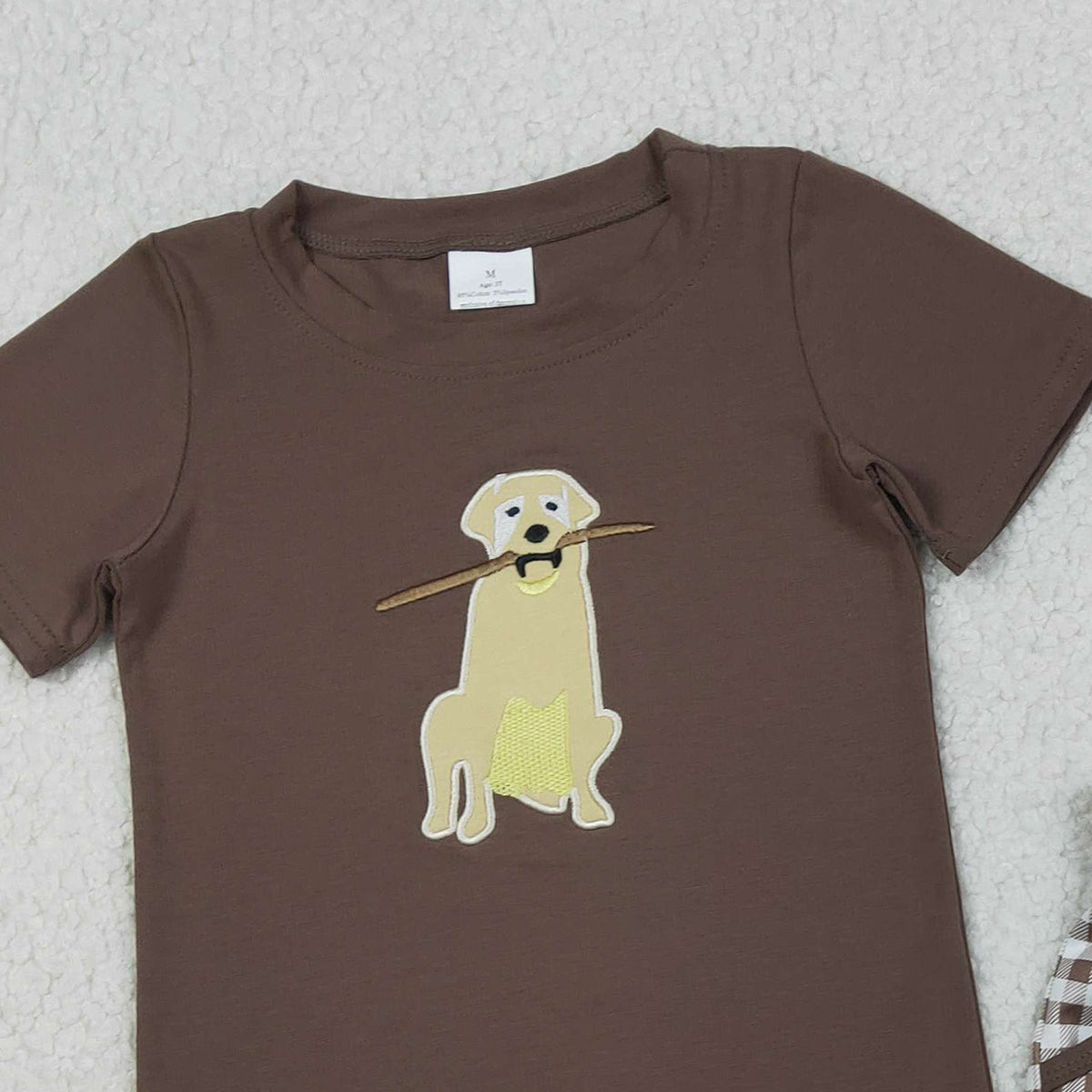 1.16 RTS NO MOQ （In stock）BSSO1637 Embroidery Dogs Baby Boys Brown Top Checked Pockets Shorts Hunting Clothes Sets