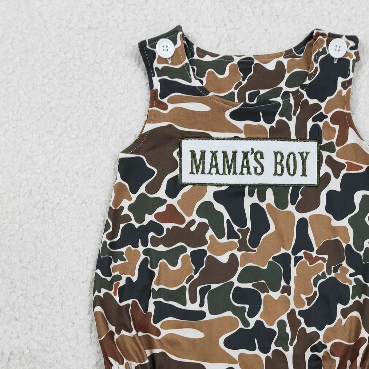 3.3 RTS NO MOQ （In stock）SR3908 Children's Fashion Romper Embroidery Mama's Boy Sleeveless Southern Dark Brown Camo Rompers