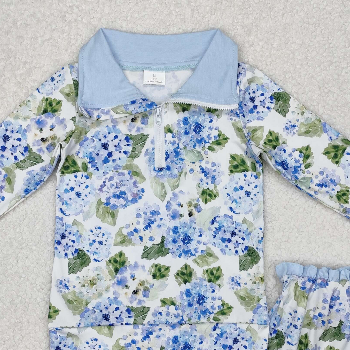 GLD1016Kids Girls Light Blue Floral Long Sleeve Top Skirt Set Cute Floral Print Outfit for Children