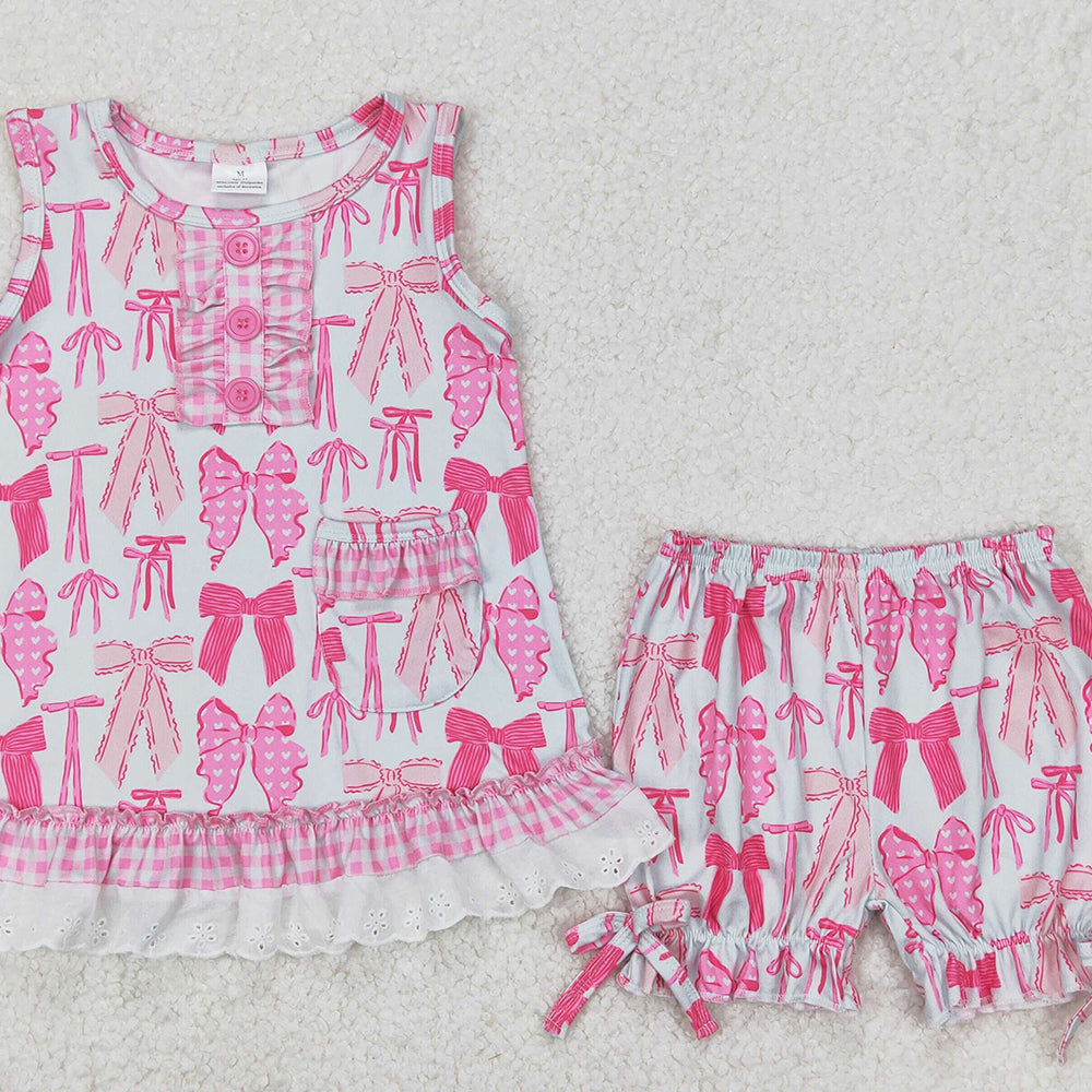 4.17 GSSO2187 RTS NO MOQ Sleeveless pink bow ruffle top shorts girls pajamas set