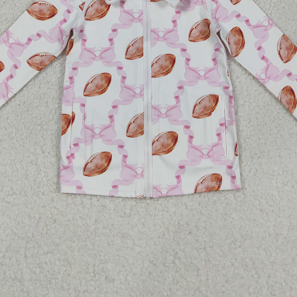 RTS NO MOQ （In stock）GT1088 Baby Girls Yoga Tops  Long Sleeves Pink Bow Football Zipper Yoga Top