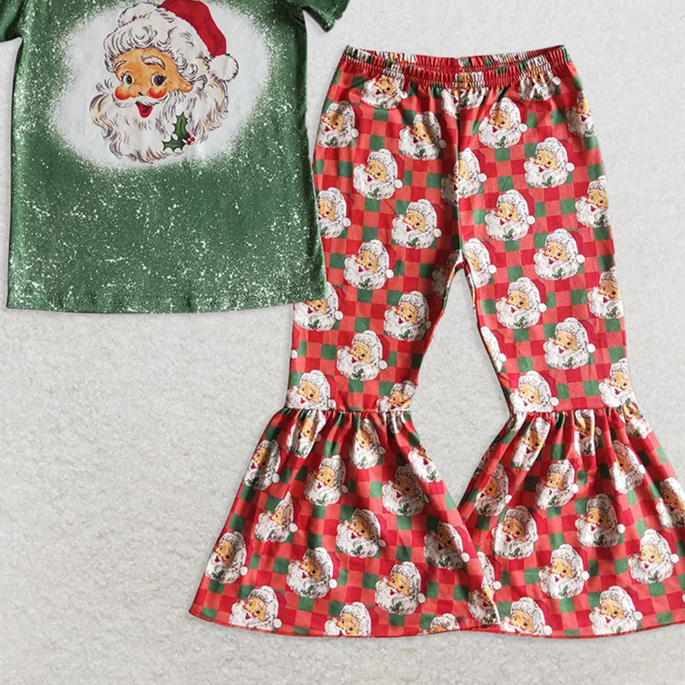 GSPO0182 RTS NO MOQ Baby Girls Spring Outfits Girls Santa Claus green short-sleeved trousers suit