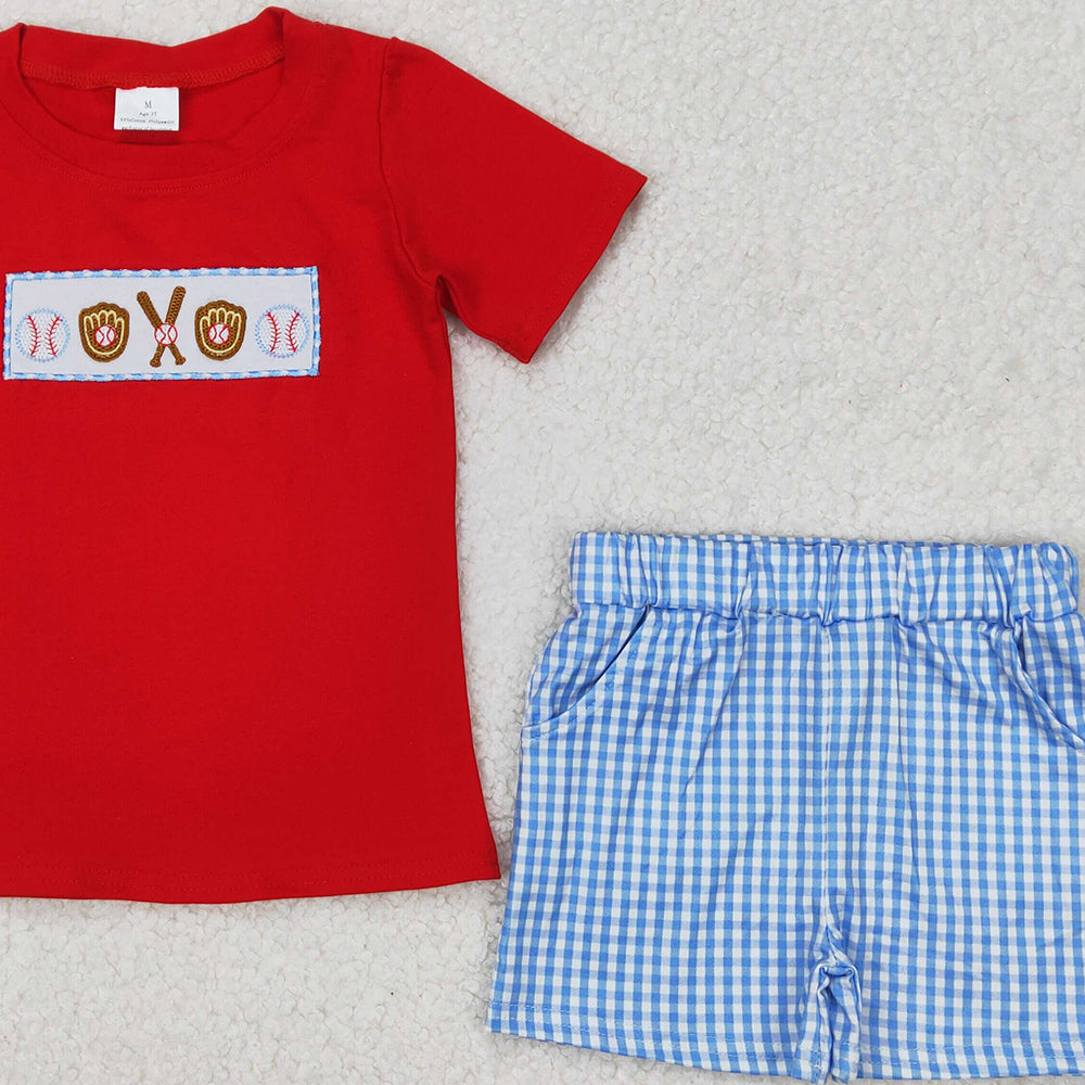 5.16  BSSO1283 RTS NO MOQ Red baseball top plaid shorts boys summer outfits