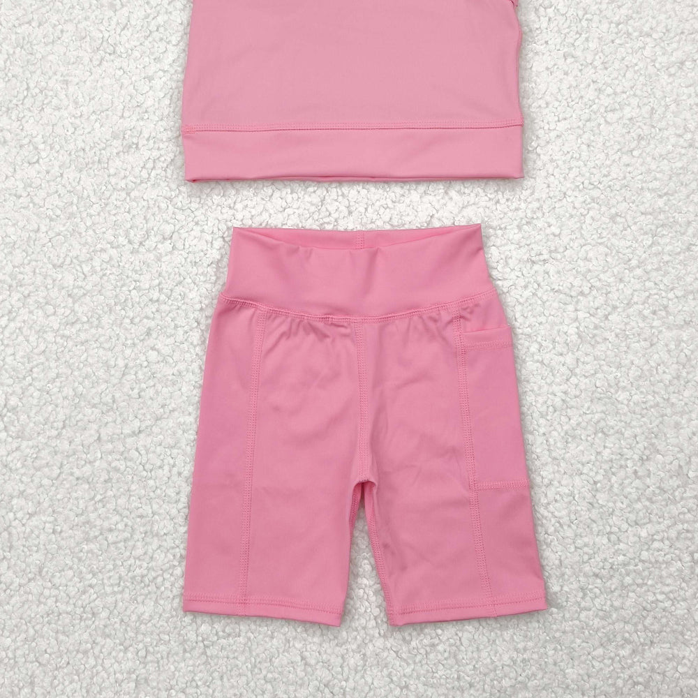 5.15  GSSO1516 RTS NO MOQ Baby Girls Yoga Outfits  Light pink straps top shorts girls summer yoga clothes