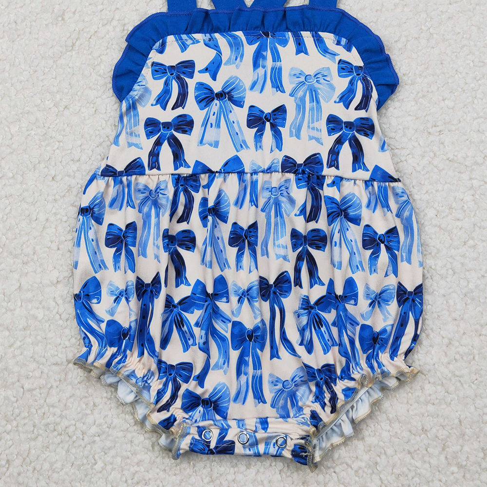 4.14 SR2919 RTS NO MOQ Baby Girls Summer Rompers Blue ruffle straps bows baby girls summer romper