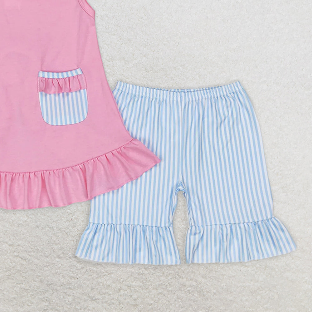 GSSO0438RTS NO MOQ Baby Girls Summer Outfits Pink cotton tunic ruffle shorts girls summer clothes