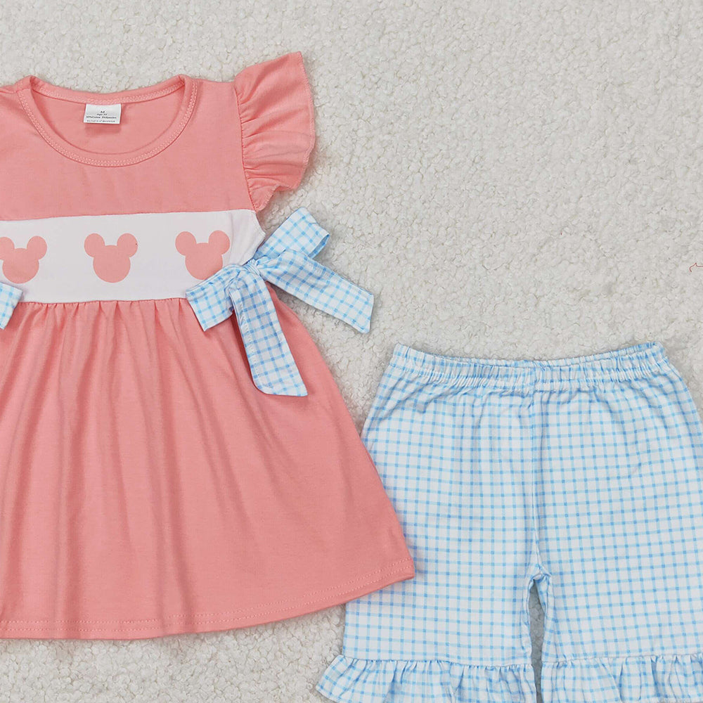 4.25 GSSO2126  RTS NO MOQ Flutter sleeves mouse tunic plaid shorts girls clothes