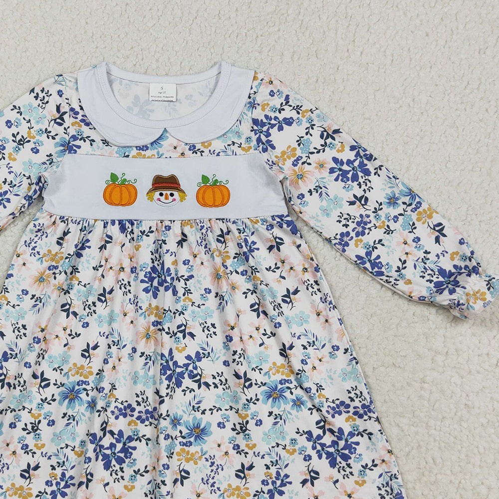 RTS NO MOQ （In stock）GLD1071 Baby Girls Winter Dress Embroidery Baby Girls Long Ruffle Sleeves Floral Pumpkins Knee Length Dress