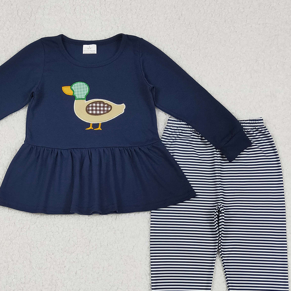 RTS NO MOQ （In stock）GLP2595 Baby Girls Winter Outfits Girls Navy Duck Long Sleeve Top with Stripe Leggings – Outfits for Ages Comfortable Clothing Set
