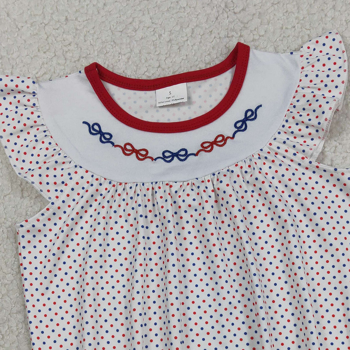 3.14 RTS NO MOQ （In stock）SR3706 Children's Fashion Romper Baby Girls Embroidery Bows Flutter Sleeve Girls Blue Red Polka Dots Ruffle Rompers