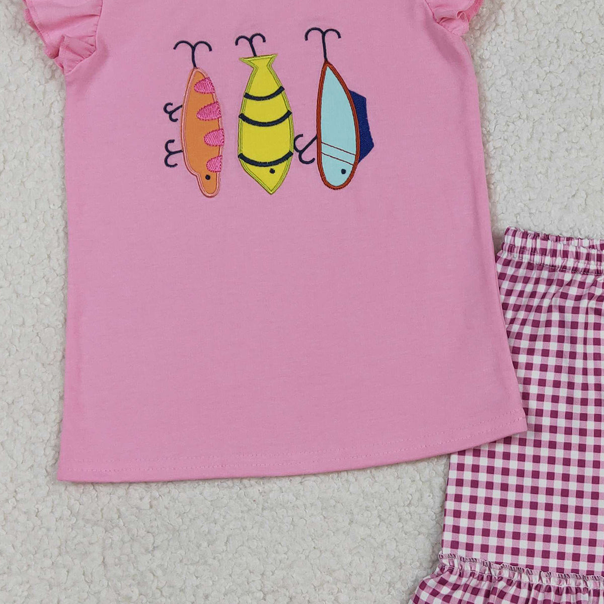 12.23 RTS NO MOQ （In stock）GSSO2795 Embroidery Fishing Baby Girls Shirt Checked Ruffle Shorts Hunting Clothes Sets