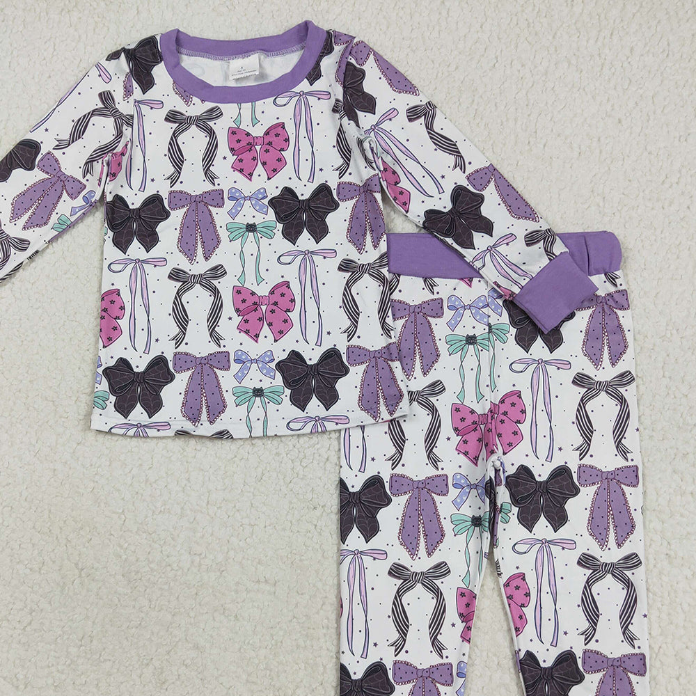 RTS NO MOQ （In stock）GLP2533 Baby Girls Winter Outfits Baby Girls Long Sleeves Colorful Bows Top Pant Pajamas Set