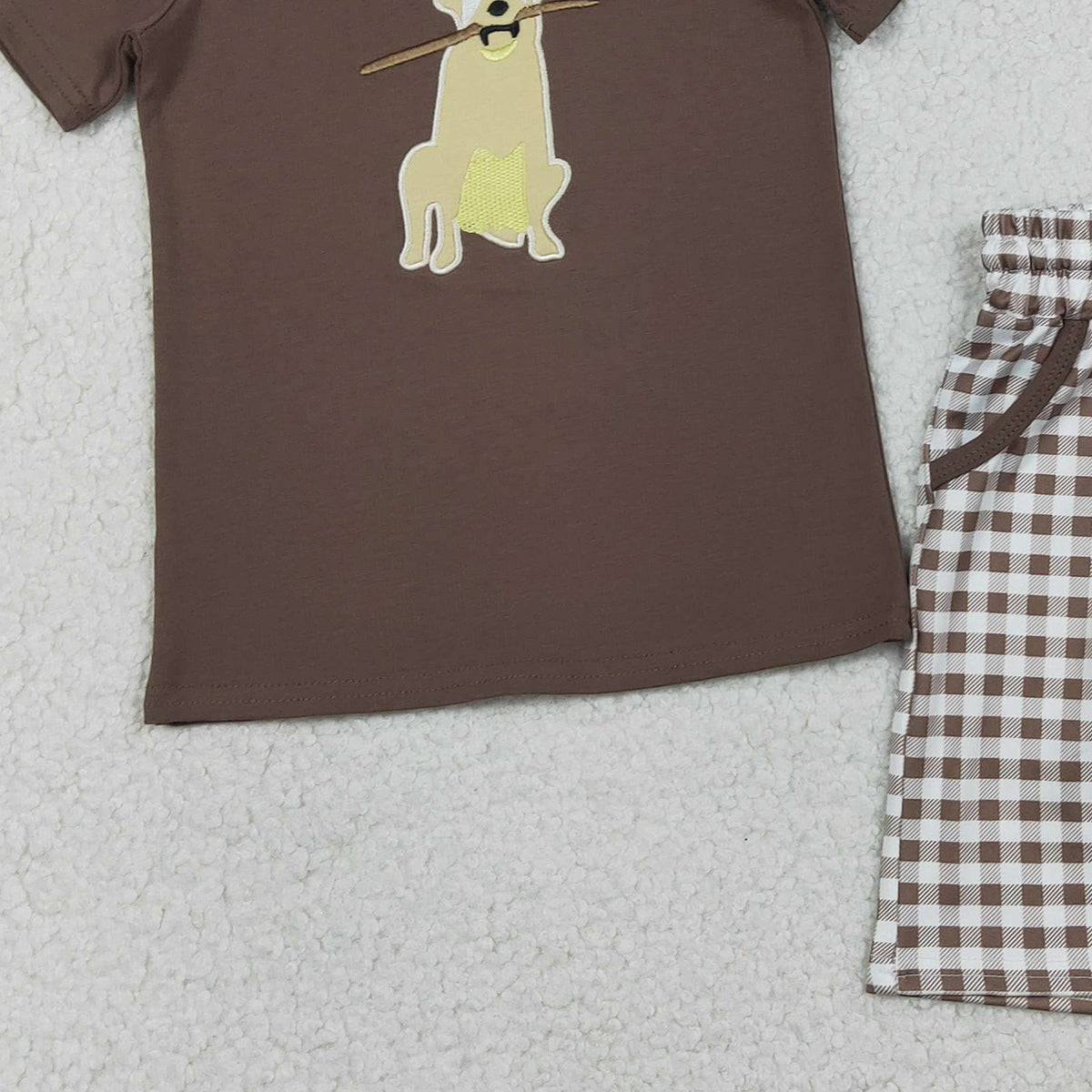 1.16 RTS NO MOQ （In stock）BSSO1637 Embroidery Dogs Baby Boys Brown Top Checked Pockets Shorts Hunting Clothes Sets