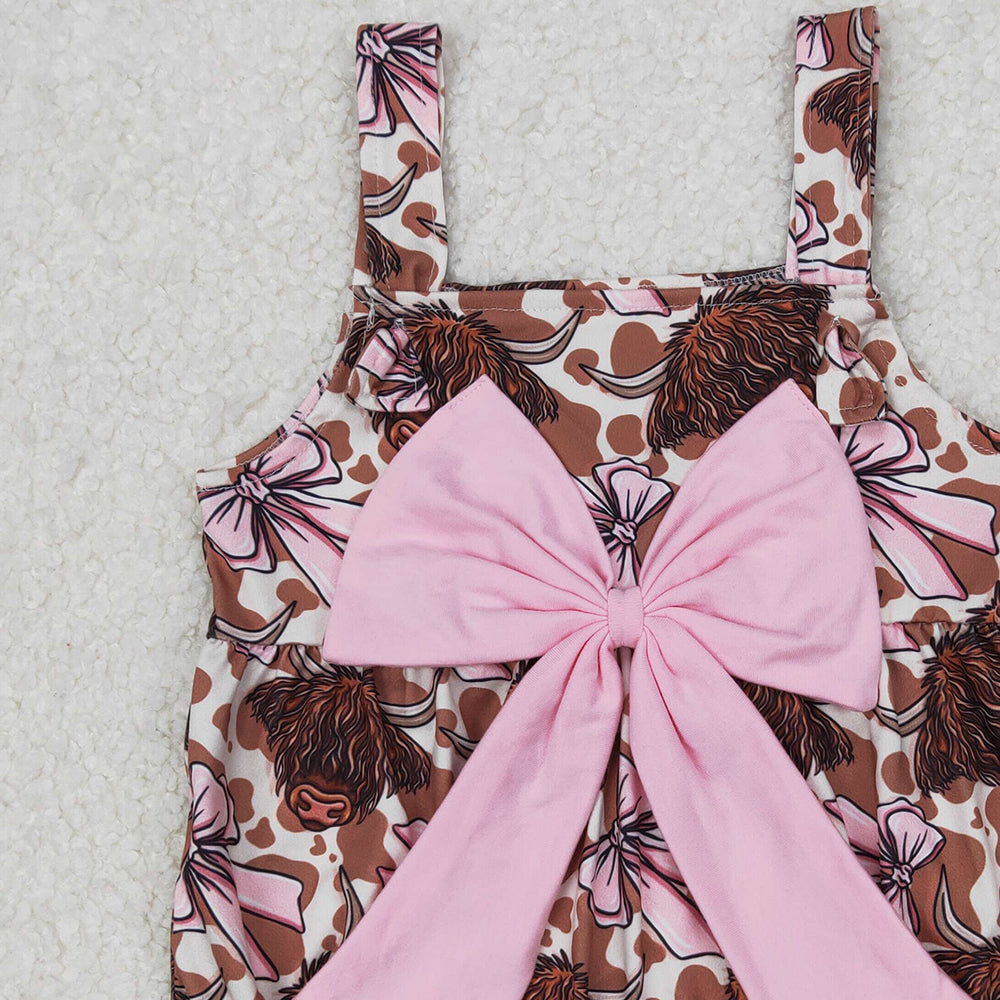 5.19  SR2697 RTS NO MOQ Straps highland cow pink bow western baby girls romper