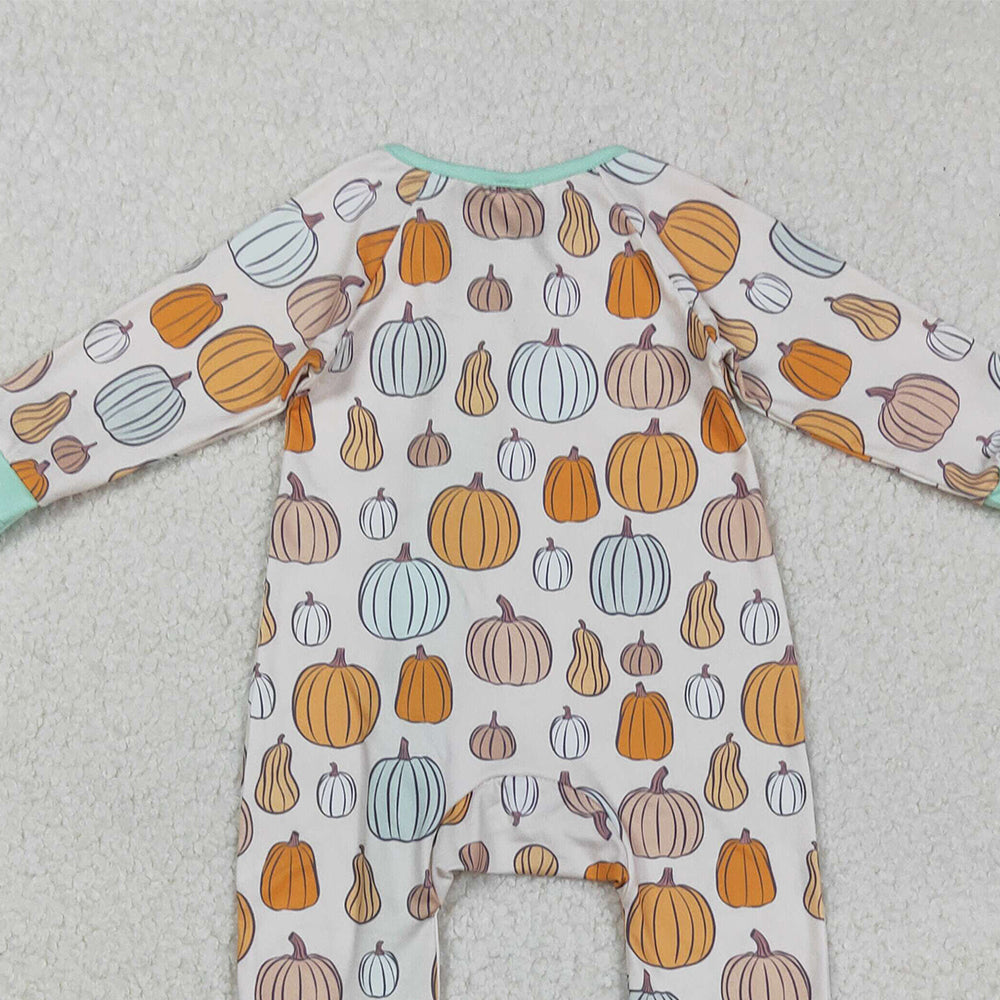 RTS NO MOQ （In stock）LR2565 Baby Boys Winter Rompers Green Pumpkins Fall Zipper Footie Rompers for Infants