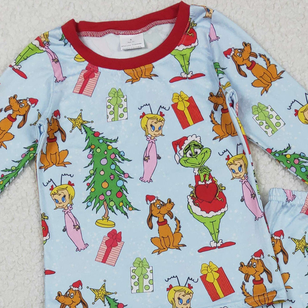 RTS NO MOQ （In stock）BLP1189 Baby Boys Winter Outfits Green Face Christmas Tree Long Sleeve Baby Kids Pajamas