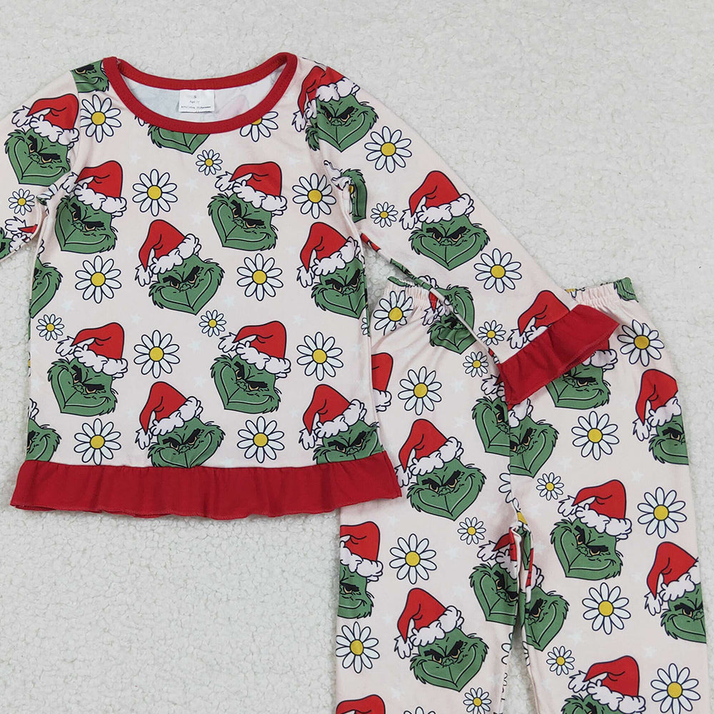RTS NO MOQ （In stock）GLP2635 Baby Girls Winter Outfits Christmas Green Face Flowers Top Pants Pajamas Set