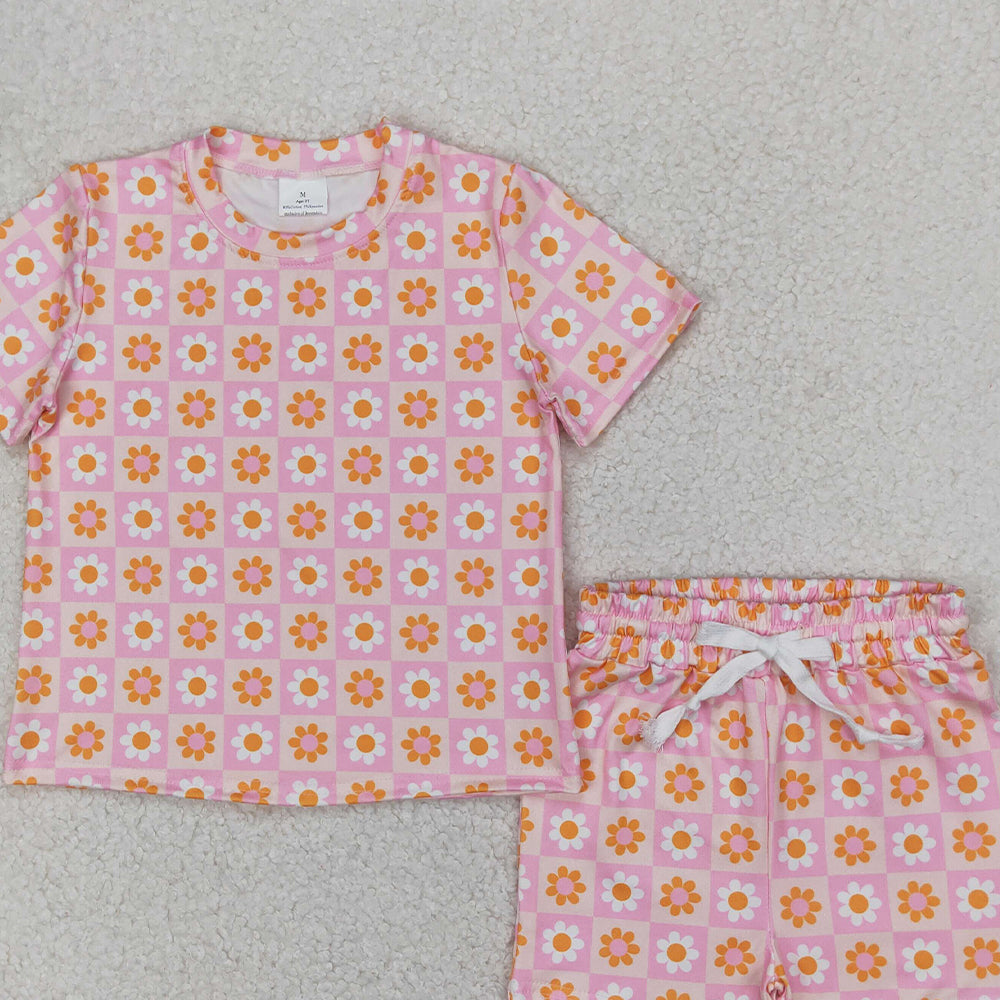 4.09 GSSO2425RTS NO MOQ  Baby Girls Summer Outfits Pink floral plaid top shorts kids girls summer clothes