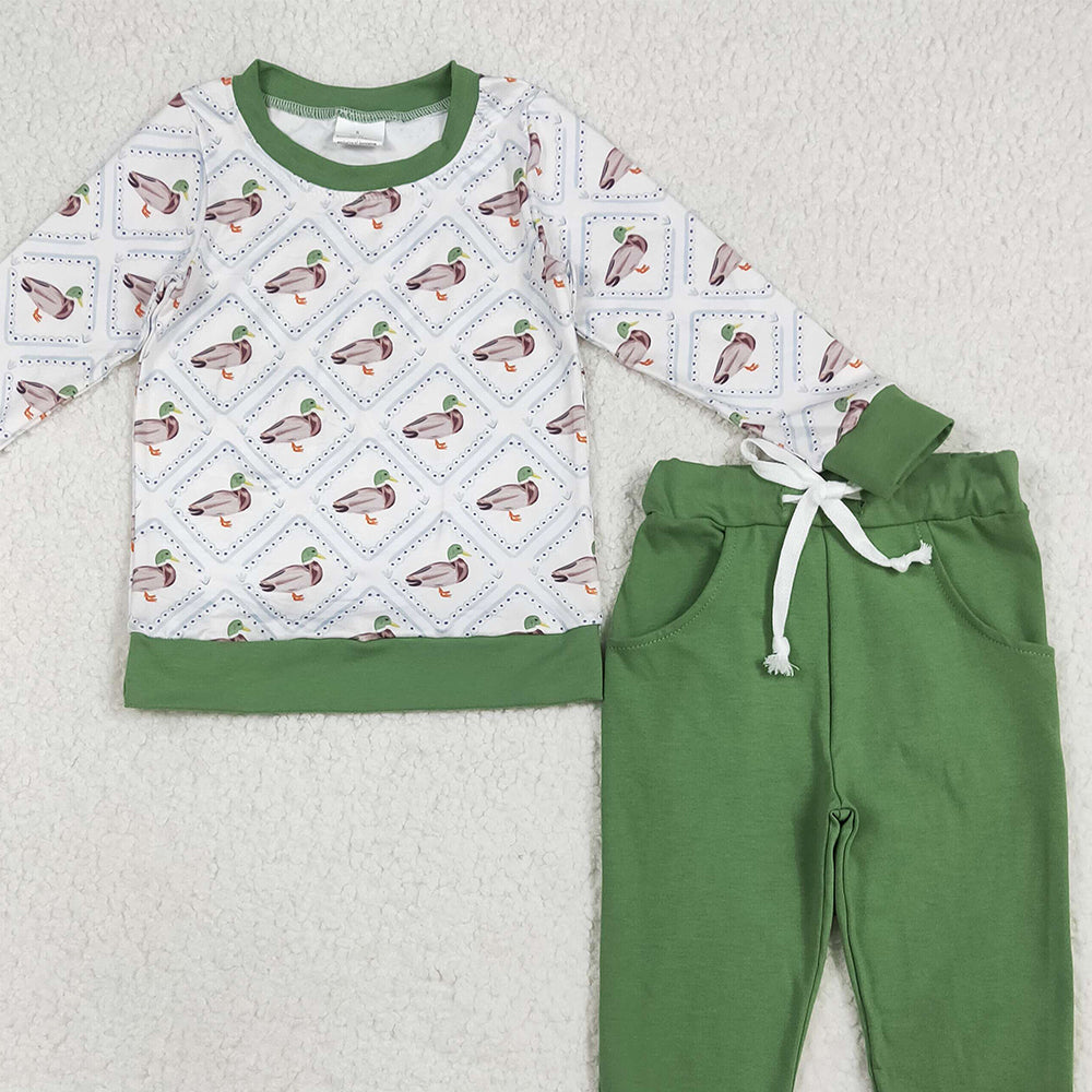 RTS NO MOQ （In stock） BLP1071 Baby Boys Winter Outfits Baby Boys Long Sleeves Green Ducks Top Pockets Legging Pant Pajamas Sets