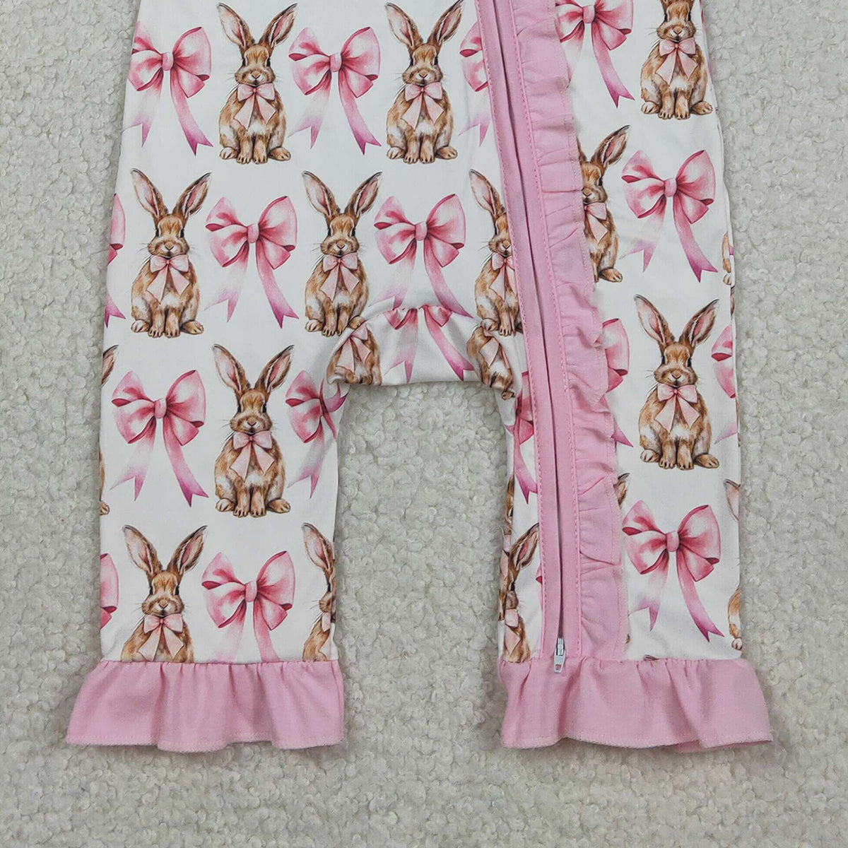 2.2 RTS NO MOQ （In stock）SR2020 Baby Girls Short Sleeve Bows Rabbits Easter Ruffle Zipper Rompers