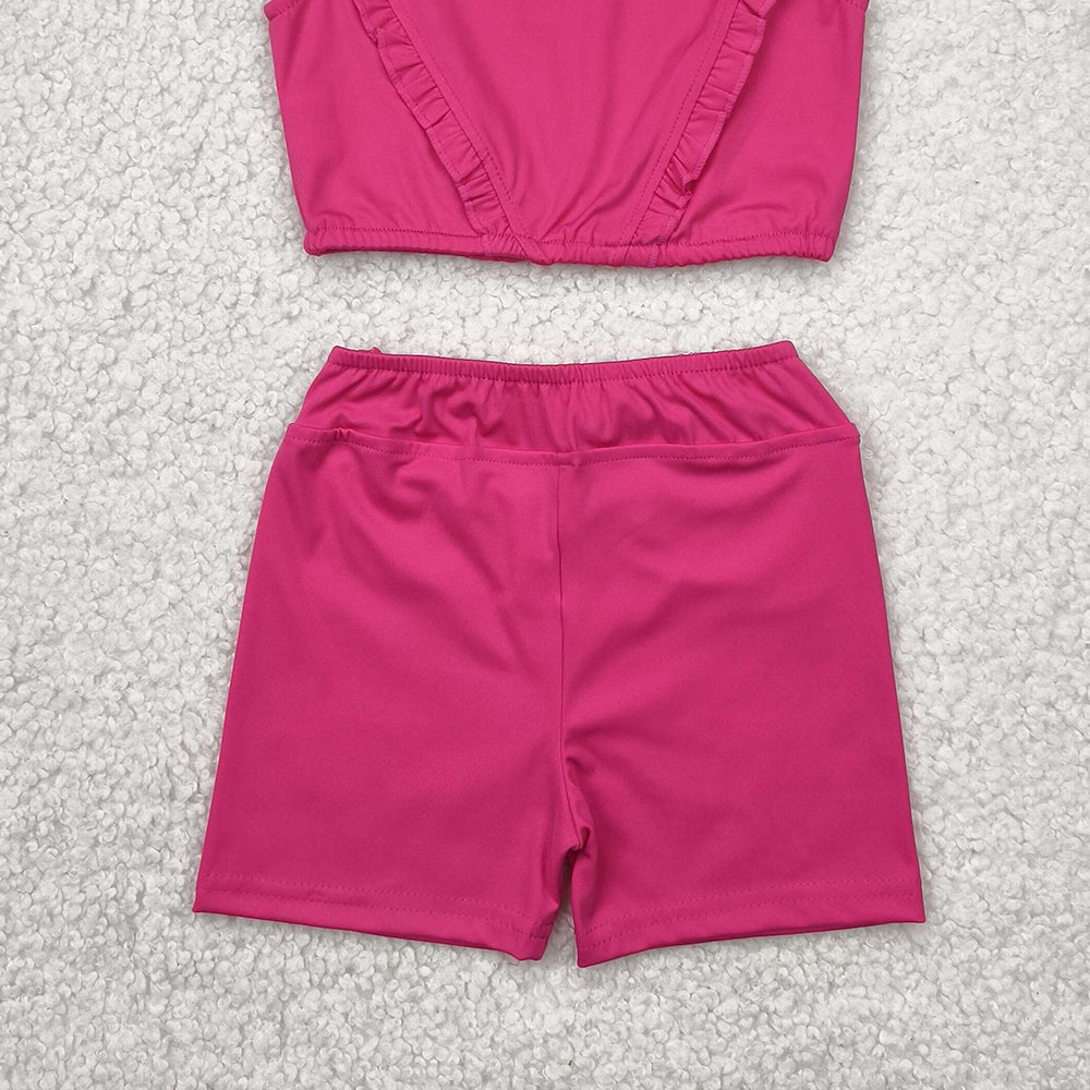 GSSO2284RTS NO MOQ Baby Girls Yoga Outfits Girls Hot Pink Ruffle Crop Top Shorts Set Yoga Outfit Fitness Gymnastics Dancewear Sportswear Active Wear Children's Clothing
