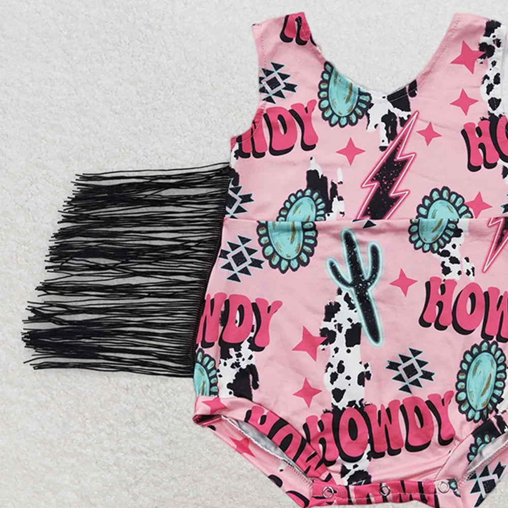 SR0324RTS NO MOQ Baby Girls Summer Rompers Baby Girls Western Tassel Howdy Pink Rompers