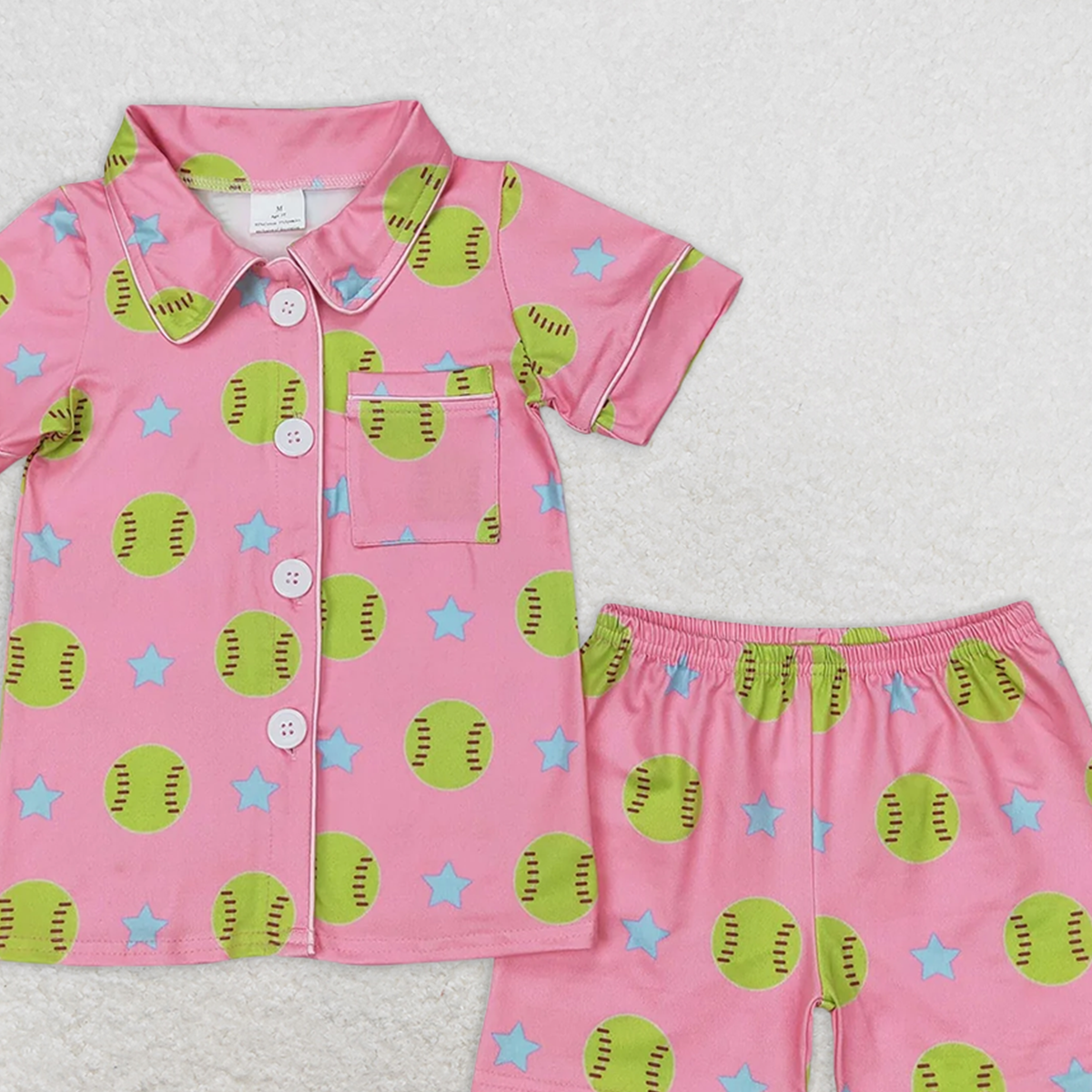 GSSO2203RTS NO MOQ Baby Girls Summer Pajamas Outfits Kids Girls Short Sleeve Pink Softball Button down Pajamas Lightweight Sleepwear for Children