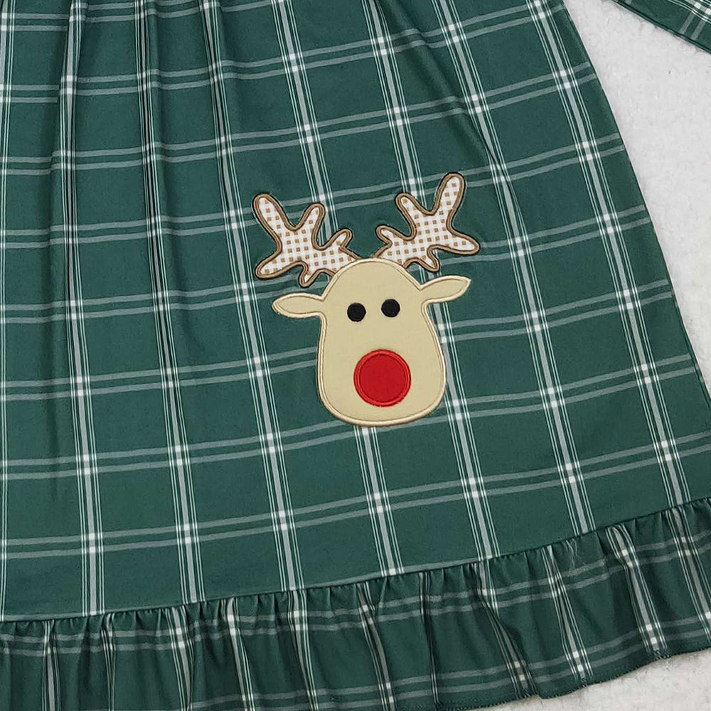 9.27 RTS NO MOQ （In stock）GLD0561 Baby Girls Winter Dress Embroidery Deer Baby Girls Green Checkered Christmas Knee Length Dresses