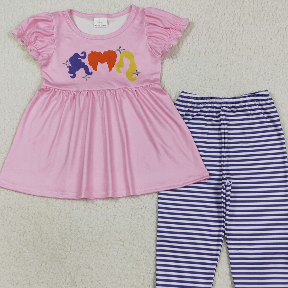 RTS NO MOQ （In stock）GSPO2043 Baby Girl Autumn Outfits Baby Girls Pink Halloween Princess Hair Tunic Stripe Ruffle Pants Sets
