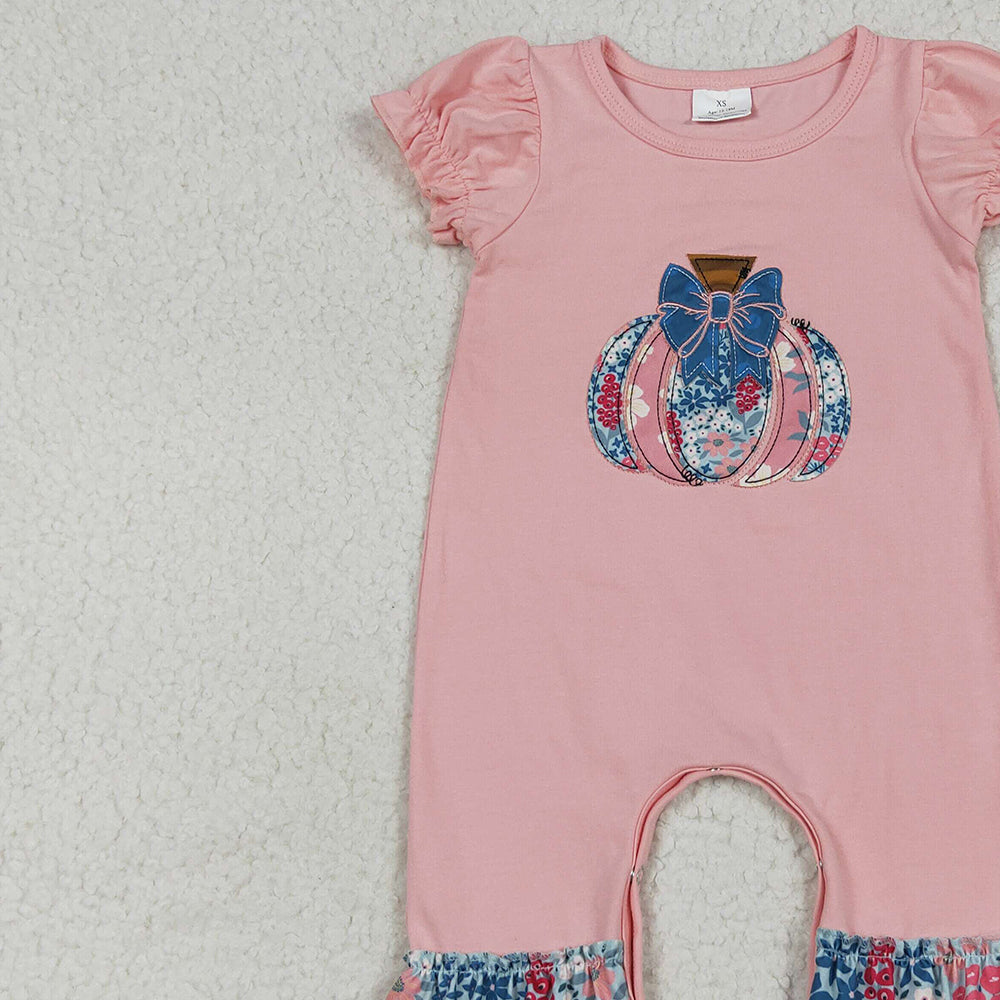 8.15 RTS NO MOQ （In stock） SR3112 Baby Girls Summer Rompers Embroidery Baby Girls Pink Short Ruffle Sleeves Floral Pumpkins Rompers