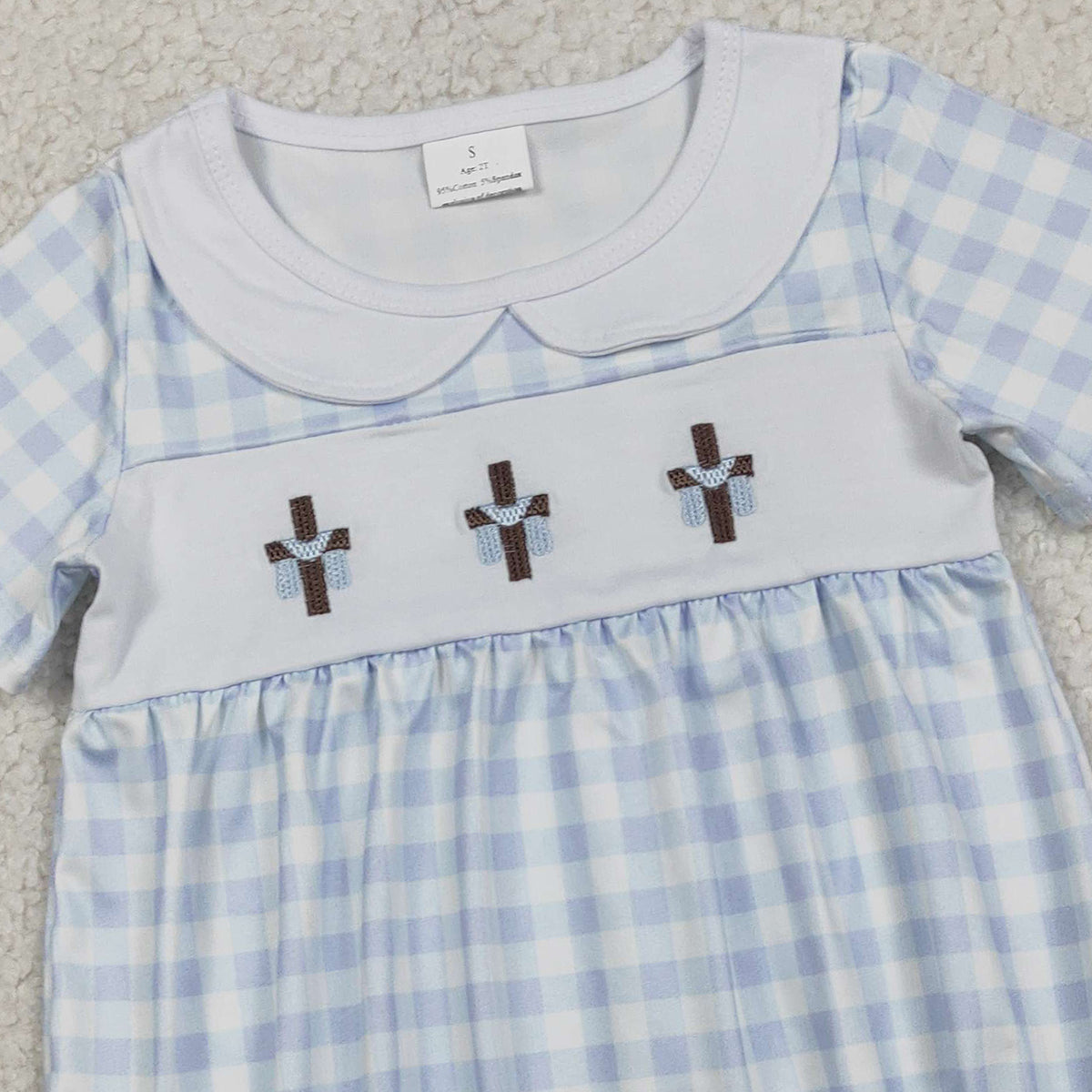 2.4 RTS NO MOQ （In stock）SR3757 Embroidery Crosses Baby Boys Blue Checked Easter Collar Rompers